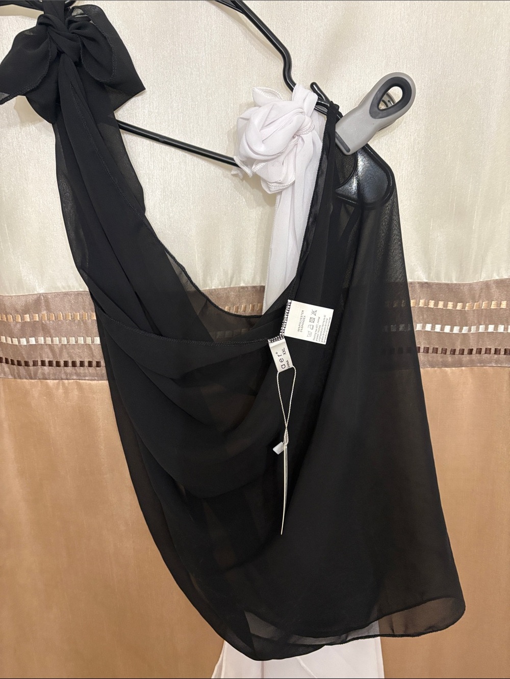 LOQ Black Sheer Chiffon One-Shoulder Blouse